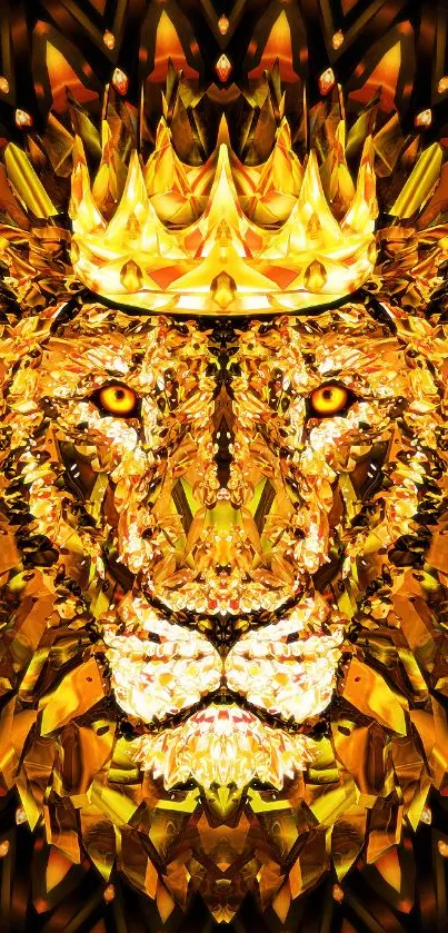 Gold and orange kaleidoscopic lion with a crown art mobile wallpaper.