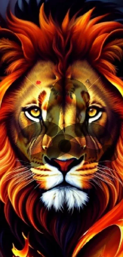 Majestic lion with fiery mane in vibrant colors, perfect as mobile wallpaper.