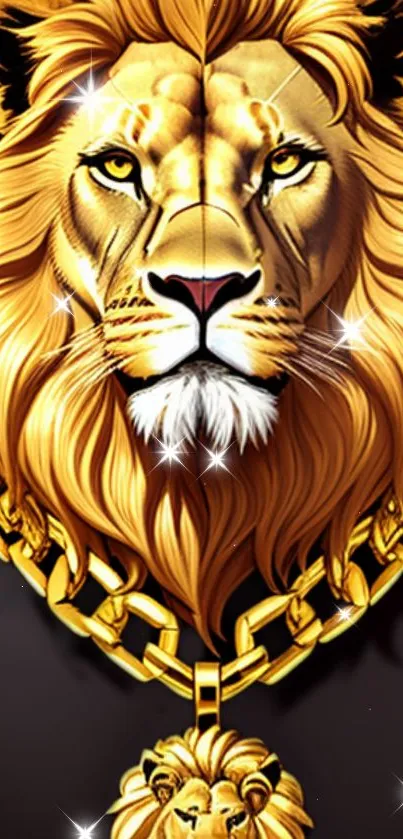 Majestic lion with gold chain artwork wallpaper.