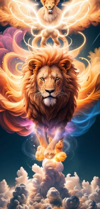 Majestic lion with vibrant cloud design, colorful and mystical artwork.