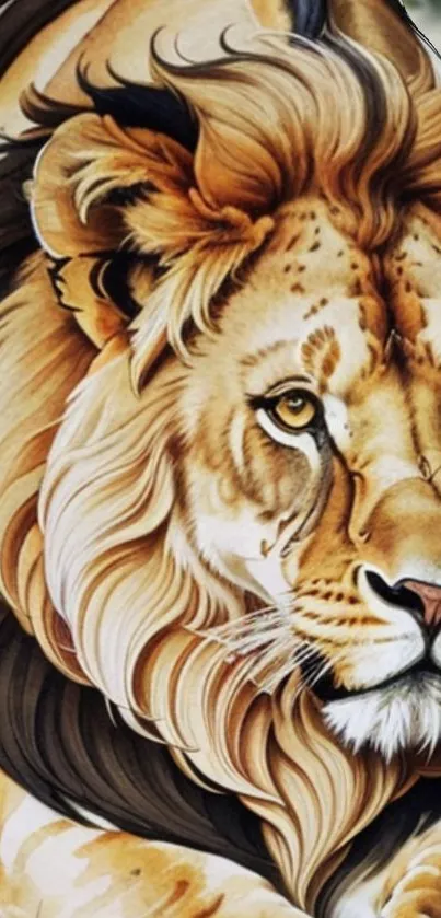 Illustrated majestic lion art wallpaper in golden brown hues.