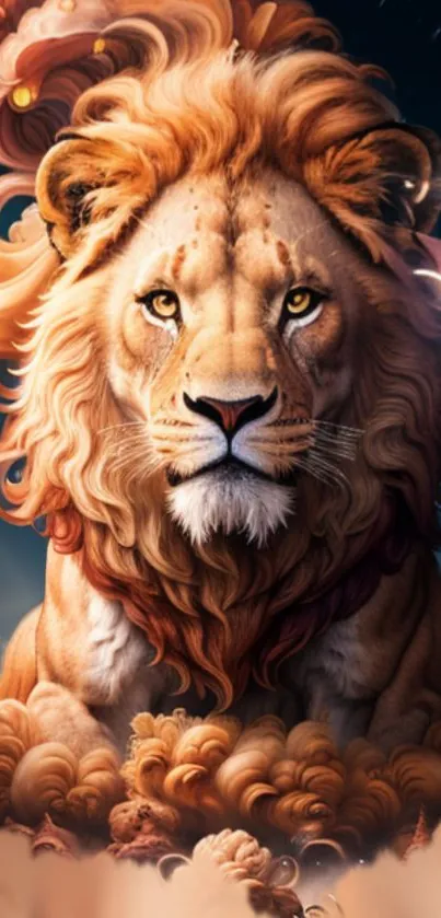 Majestic lion with a flowing mane in vibrant artwork.