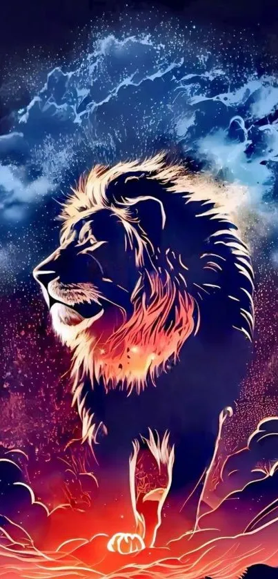 Vibrant lion art wallpaper with fiery and deep blue colors.