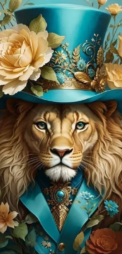 Majestic lion in blue hat with floral accents, elegant and artistic design.