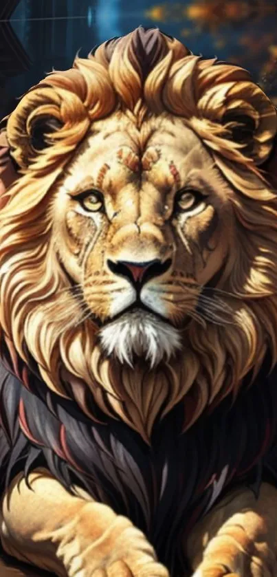 Majestic lion artwork on a mobile wallpaper.