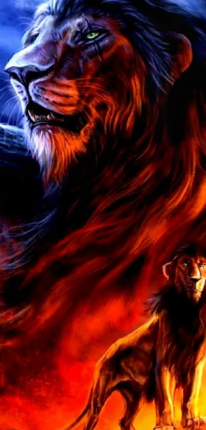 Dynamic lion artwork with fiery and cool tones on mobile wallpaper.