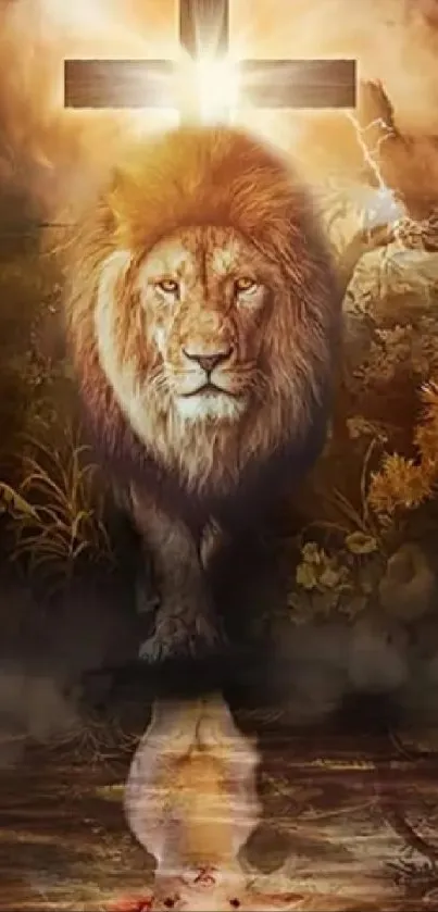 Majestic lion and cross themed mobile wallpaper art.