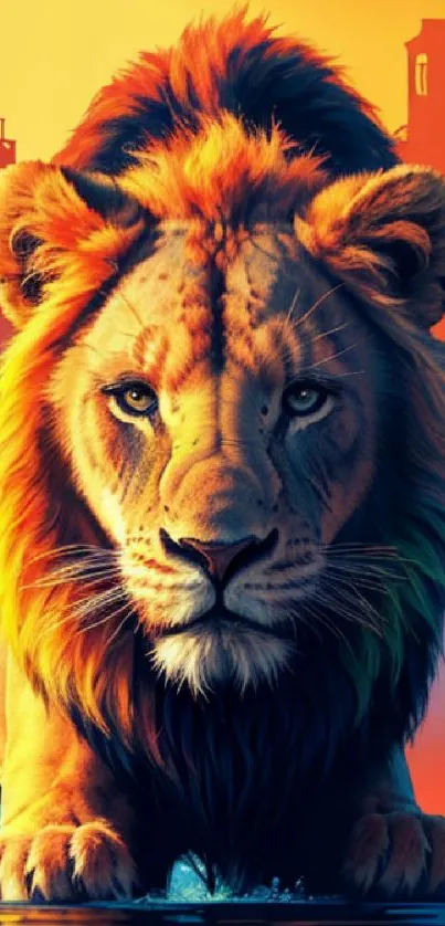 Majestic lion in stunning, vibrant colors on a mobile wallpaper.