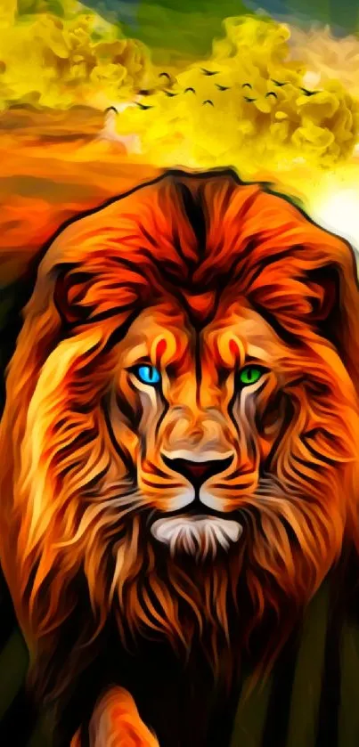 Majestic lion artwork in vibrant sunset colors for phone wallpaper.