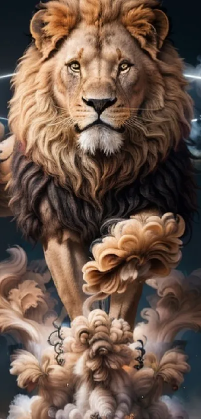 Majestic lion with cosmic elements in digital art wallpaper.