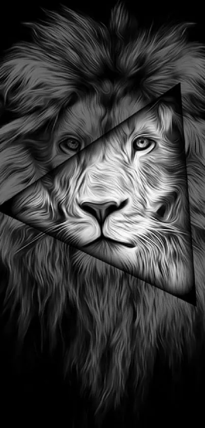 Black and white artistic lion with abstract elements.