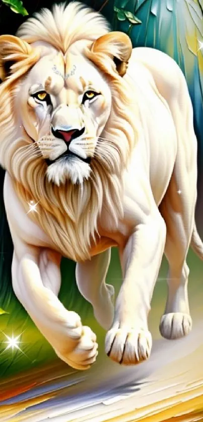 Majestic white lion in lush forest digital art wallpaper.