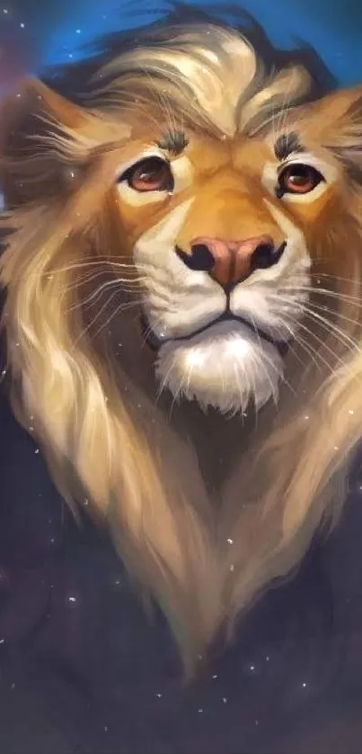 Artistic lion with vibrant mane against dark blue background.