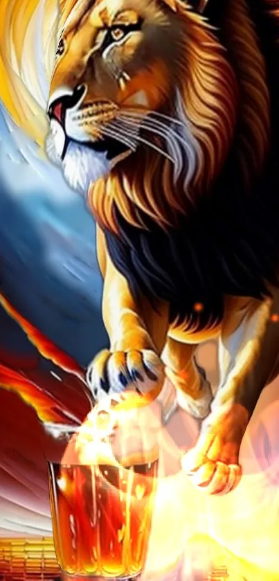 Artistic wallpaper featuring a majestic lion and fiery elements.