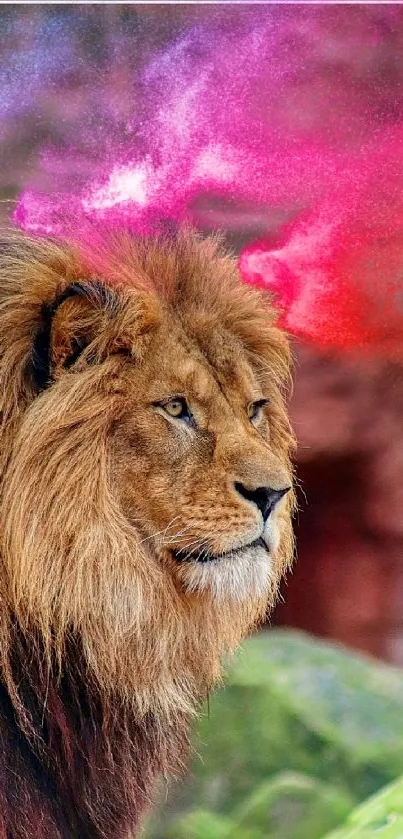 Majestic lion with vibrant cosmic colors in the background.