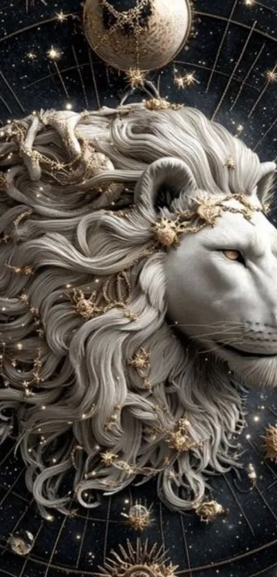 Ornate celestial lion artwork with stars.