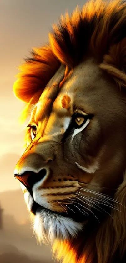 Majestic lion gazing at sunset with golden hues in background.