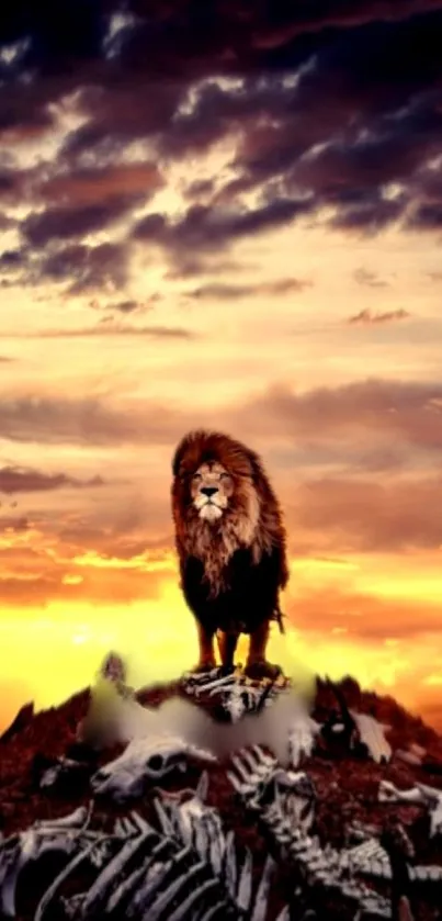 Lion standing on bones at vibrant sunset.