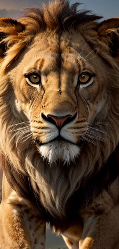 Majestic lion in golden light at sunset on mobile wallpaper.