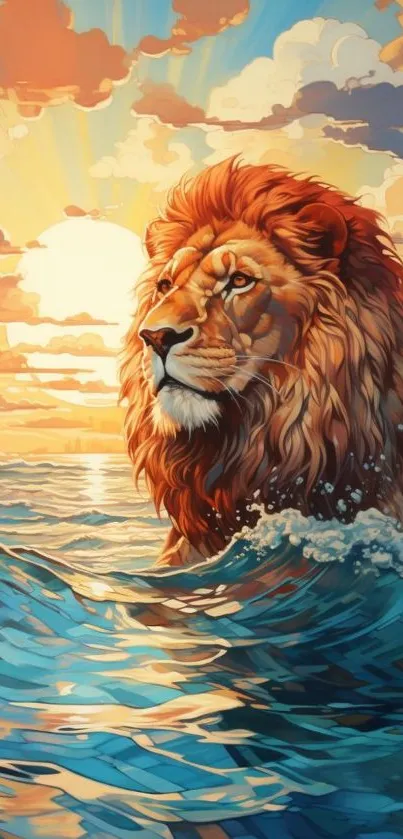 Majestic lion emerges from ocean waves at sunset.