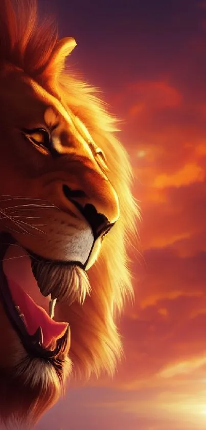 Majestic lion set against a vibrant sunset sky, exuding power and beauty.