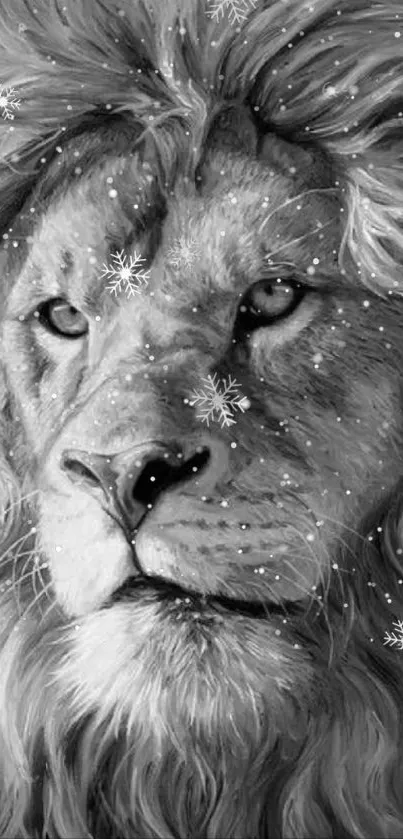 Black and white lion with snowflakes, majestic mobile wallpaper.