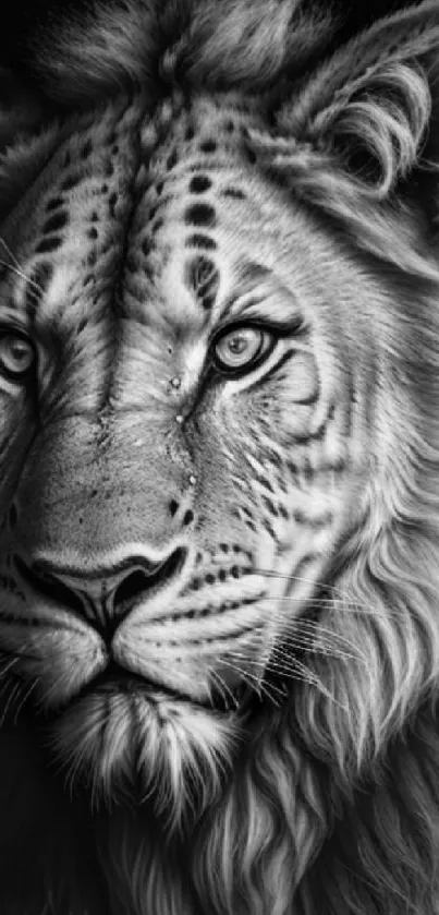 Majestic black and white lion portrait wallpaper for mobile.