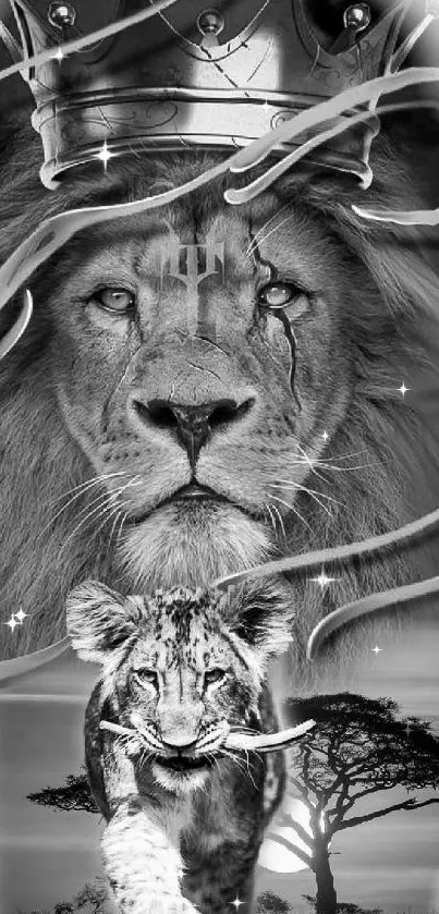 Black and white wallpaper of a lion wearing a crown with artistic elements.