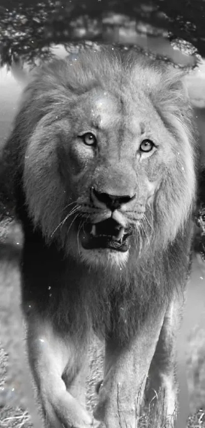 Majestic lion in a black and white wallpaper, capturing wild elegance.