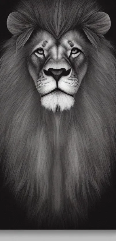 Majestic grayscale lion on black background with detailed mane.