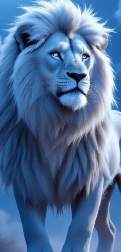 Majestic blue-toned lion digital artwork.