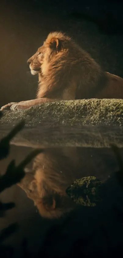 Lion resting by the lake with reflection.