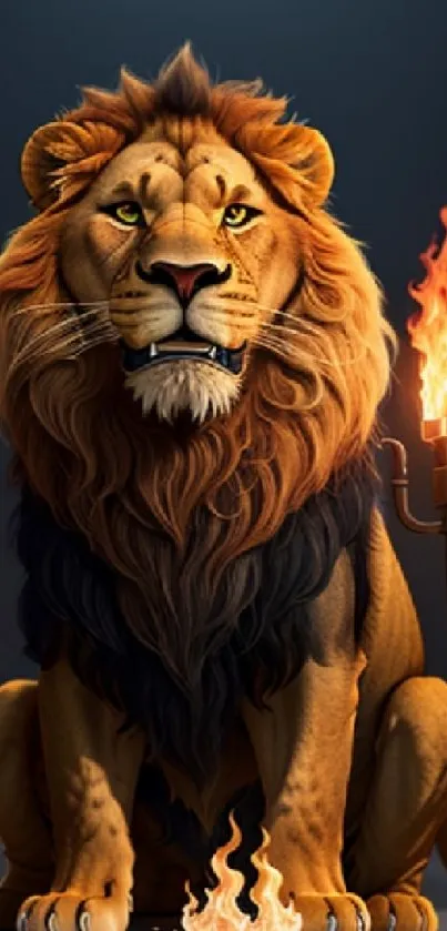 Majestic lion sitting by fire, radiating strength.