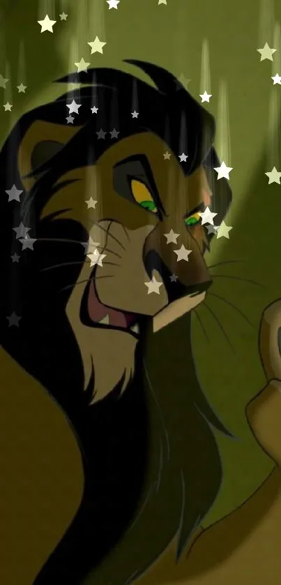 Lion character from animated film with dark mane and olive background.