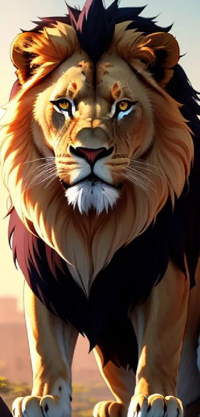 Majestic lion with cityscape background in vibrant mobile wallpaper.