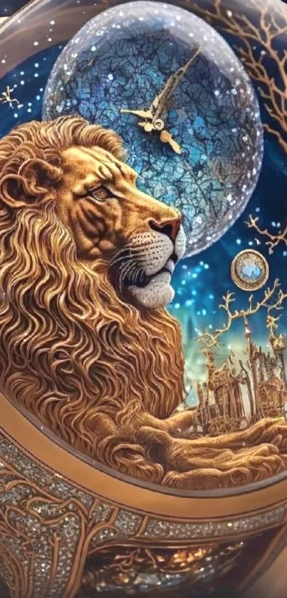 Majestic lion with cosmic clock backdrop and golden details, creating an artistic wallpaper.