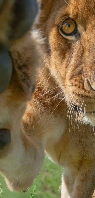 Close-up of a lion's face, capturing its intense gaze and paw in detail.