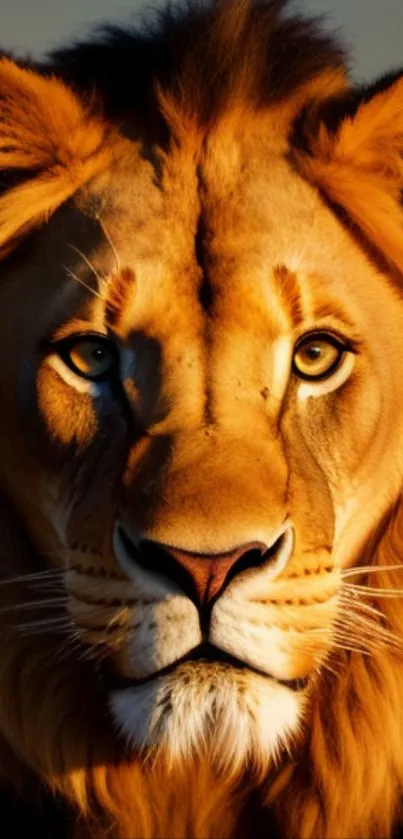 Close-up of a majestic lion's face with a golden mane.