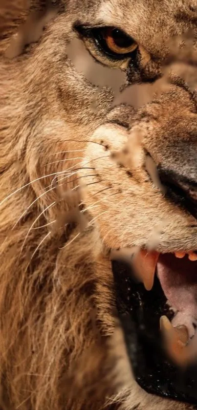 Fierce close-up of a roaring lion with a striking gaze.