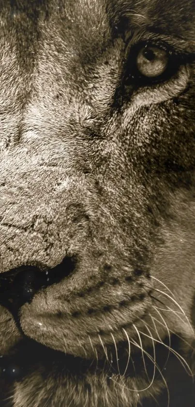 Close-up sepia photo of a lion's face.