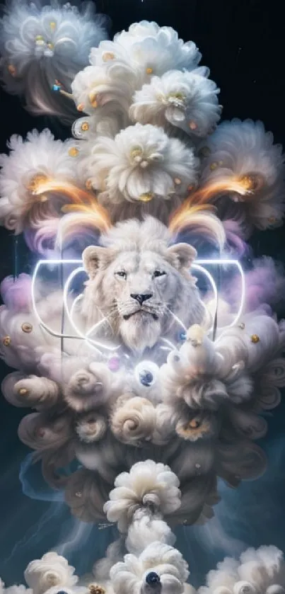 Lion emerging from fluffy clouds in a dreamlike art style wallpaper.