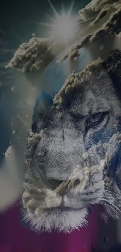 Lion's face blended with clouds in artistic wallpaper.