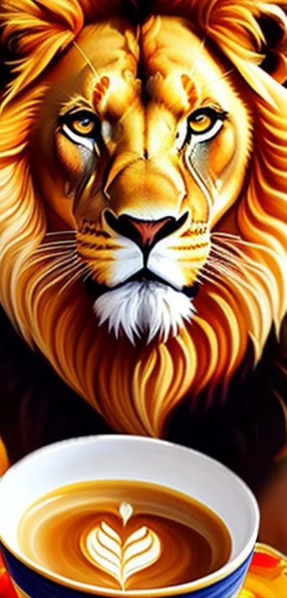 Vivid artwork of a lion with a coffee cup.