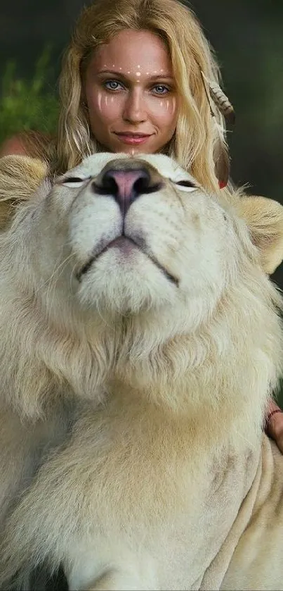 Person and lion share a serene moment.