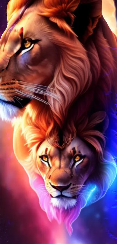 Majestic lion cosmic artwork in a galaxy-themed mobile wallpaper.