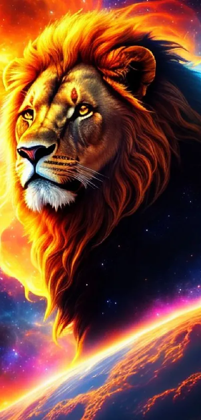 Majestic lion with fiery cosmic background, vibrant artwork.