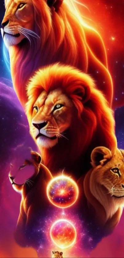 Majestic lions in a vibrant cosmic setting with orange and galaxy hues.