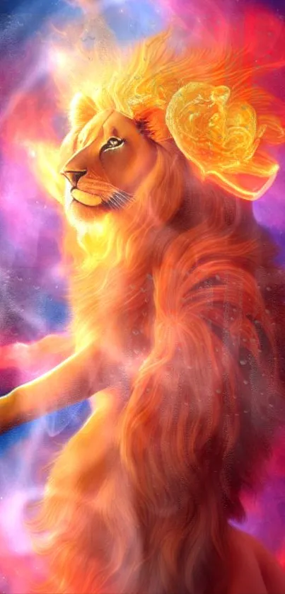 Majestic lion in cosmic colorful background, mobile wallpaper.