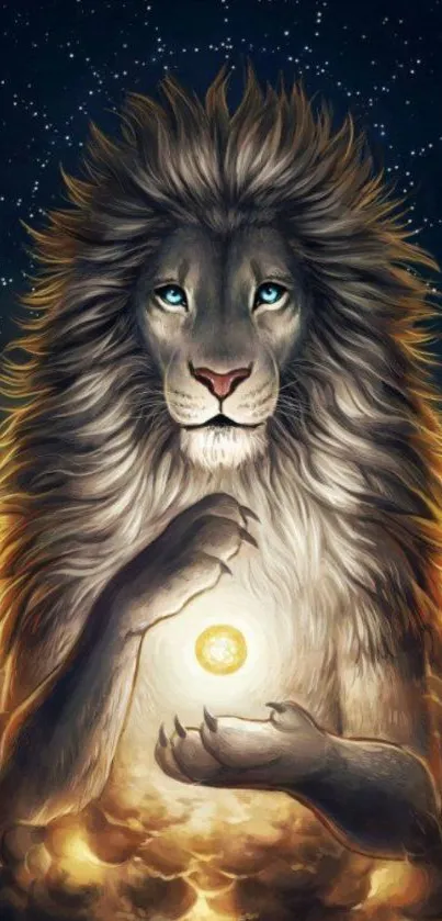 Majestic lion with cosmic background and glowing orb.