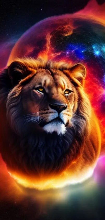 Majestic lion with cosmic galaxy background in vibrant colors.